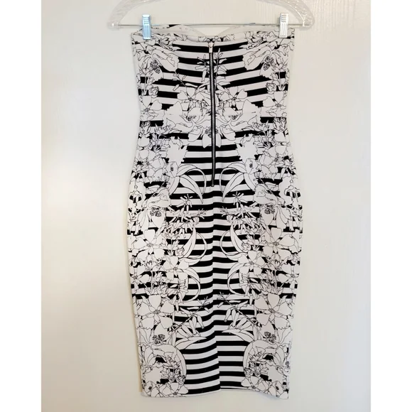 NWOT Express Strapless Floral Striped Black White Knee Length Bodycon Dress US 2 - Picture 5 of 7
